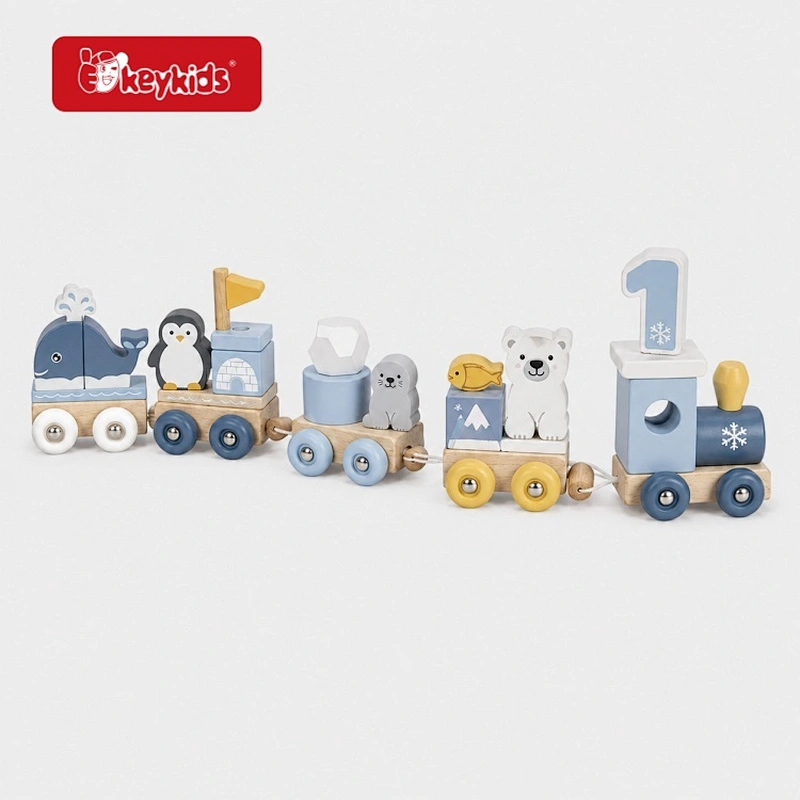Wooden Polar Animal Train Busy Board With Stacking Blocks Sensory Montessori Educational Toy for Toddlers W04A739